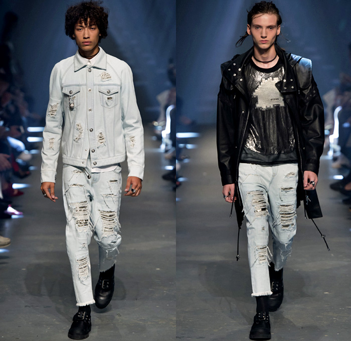 Versus Versace 2017 Spring Summer Mens Runway Catwalk Looks - London Fashion Week Collections British Fashion Council UK United Kingdom - Rebel Rock n Roll Faded Destroyed Denim Jeans Aviator Jacket Motorcycle Biker Parka Outerwear Embroidery Bedazzled Sequins Drawstring Cinch Tapered Sandals Yellow Hoodie Nylon Sheer Sweater Cutout Shoulders Vest Waistcoat Fanny Pack Waist Pouch Belt Bag Briefcase