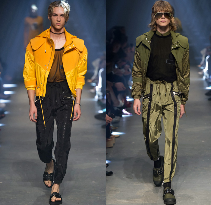 Versus Versace 2017 Spring Summer Mens Runway Catwalk Looks - London Fashion Week Collections British Fashion Council UK United Kingdom - Rebel Rock n Roll Faded Destroyed Denim Jeans Aviator Jacket Motorcycle Biker Parka Outerwear Embroidery Bedazzled Sequins Drawstring Cinch Tapered Sandals Yellow Hoodie Nylon Sheer Sweater Cutout Shoulders Vest Waistcoat Fanny Pack Waist Pouch Belt Bag Briefcase