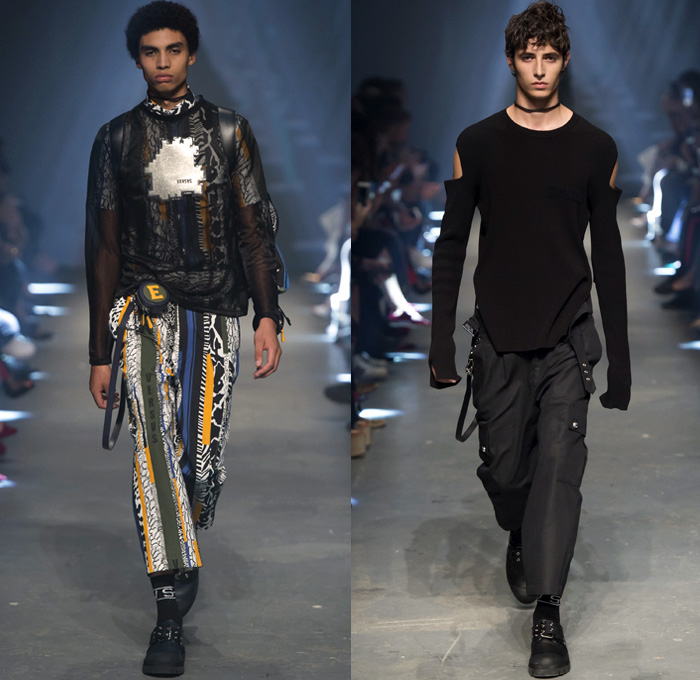 Versus Versace 2017 Spring Summer Mens Runway Catwalk Looks - London Fashion Week Collections British Fashion Council UK United Kingdom - Rebel Rock n Roll Faded Destroyed Denim Jeans Aviator Jacket Motorcycle Biker Parka Outerwear Embroidery Bedazzled Sequins Drawstring Cinch Tapered Sandals Yellow Hoodie Nylon Sheer Sweater Cutout Shoulders Vest Waistcoat Fanny Pack Waist Pouch Belt Bag Briefcase