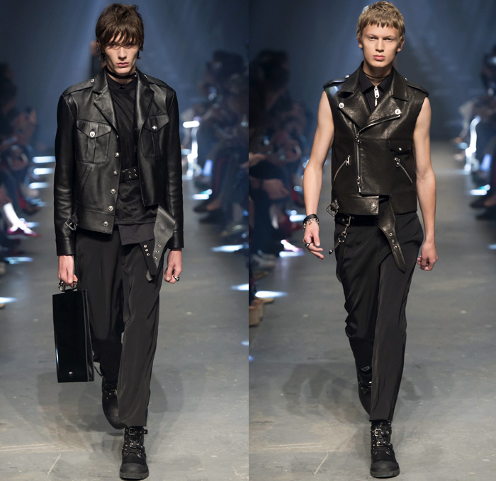 Versus Versace 2017 Spring Summer Mens Runway Catwalk Looks - London Fashion Week Collections British Fashion Council UK United Kingdom - Rebel Rock n Roll Faded Destroyed Denim Jeans Aviator Jacket Motorcycle Biker Parka Outerwear Embroidery Bedazzled Sequins Drawstring Cinch Tapered Sandals Yellow Hoodie Nylon Sheer Sweater Cutout Shoulders Vest Waistcoat Fanny Pack Waist Pouch Belt Bag Briefcase