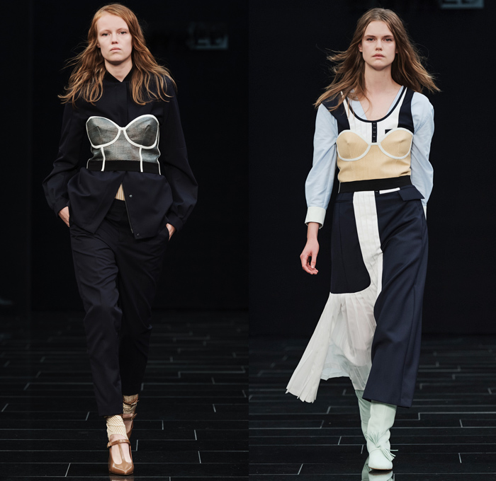 WHYRED 2017 Spring Summer Womens Runway Catwalk Looks - Fashion Week Stockholm Sweden - Bricolage 1960s Sixties Palm Trees Pool Waves David Hockney Paintings Tassels Badges Feathers Boas Boxy Outerwear Coat Pinstripe Pantsuit Blouse Sleeveless Waistcoat Noodle Strap Dress Drawstring Turtleneck Half Panels Asymmetrical Accordion Pleats Crossbody Bag Handbag Ruffles Corset Colorblock Handkerchief Hem Cargo Pockets Buttons Capecoat Capejacket Coatskirt Pantskirt Trouserskirt Coatdress