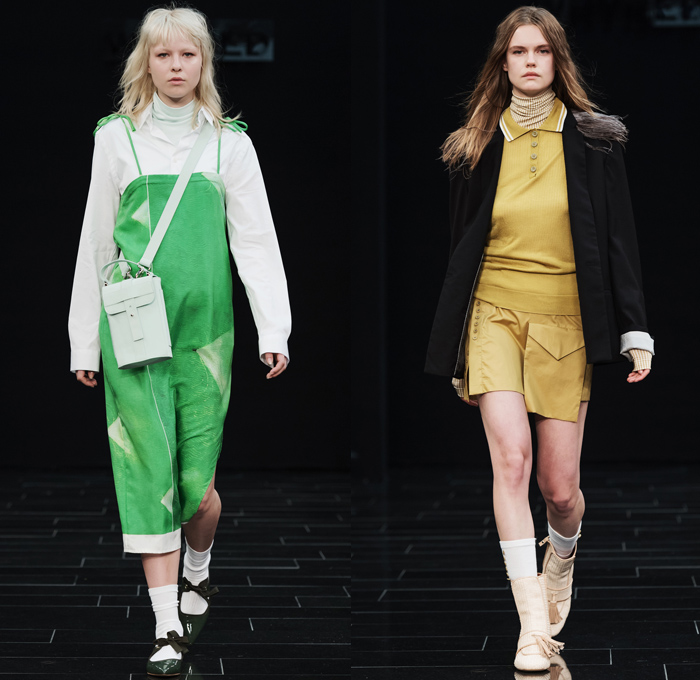 WHYRED 2017 Spring Summer Womens Runway Catwalk Looks - Fashion Week Stockholm Sweden - Bricolage 1960s Sixties Palm Trees Pool Waves David Hockney Paintings Tassels Badges Feathers Boas Boxy Outerwear Coat Pinstripe Pantsuit Blouse Sleeveless Waistcoat Noodle Strap Dress Drawstring Turtleneck Half Panels Asymmetrical Accordion Pleats Crossbody Bag Handbag Ruffles Corset Colorblock Handkerchief Hem Cargo Pockets Buttons Capecoat Capejacket Coatskirt Pantskirt Trouserskirt Coatdress