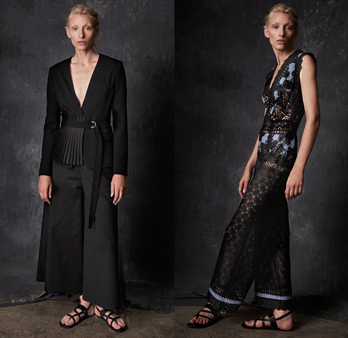 Yigal Azrouël 2017 Spring Summer Womens Lookbook Presentation - New York Fashion Week - African Heritage Indochine Tribal Ethnic Geometric   Ornamental Art Fauna Leaves Foliage Motorcycle Biker Leather Jacket Shells Embroidery Bedazzled Pantsuit Sandals Accordion Pleats Wide Leg Trousers Palazzo Pants Outerwear Blazer Lace Shorts Blouse Long Sleeve Maxi Dress Brocade Jacquard Cutout Shoulders Noodle Strap Silk Strapless Shirtdress Turtleneck 