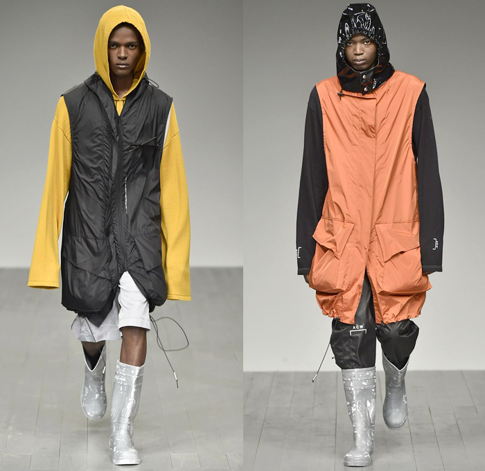 A-COLD-WALL* 2018-2019 Fall Autumn Winter Mens Runway Catwalk Looks - London Fashion Week Mens Collections UK - Outerwear Coat Parka Anorak Windbreaker Rainwear Quilted Waffle Puffer Down Jacket Long Vest Sweatshirt Sweater Turtleneck Field Utility Jacket Drawstring Cinch Cargo Utility Pockets Detachable Hood Snap Buttons Tearaway Pants Metallic Foil Cinch Shorts Fanny Pack Waist Pouch Belt Bag Harness Straps Belts Buckles Galoshes Flood Mud Boots Hat Neck Flap Baseball Cap Crossbody Bag