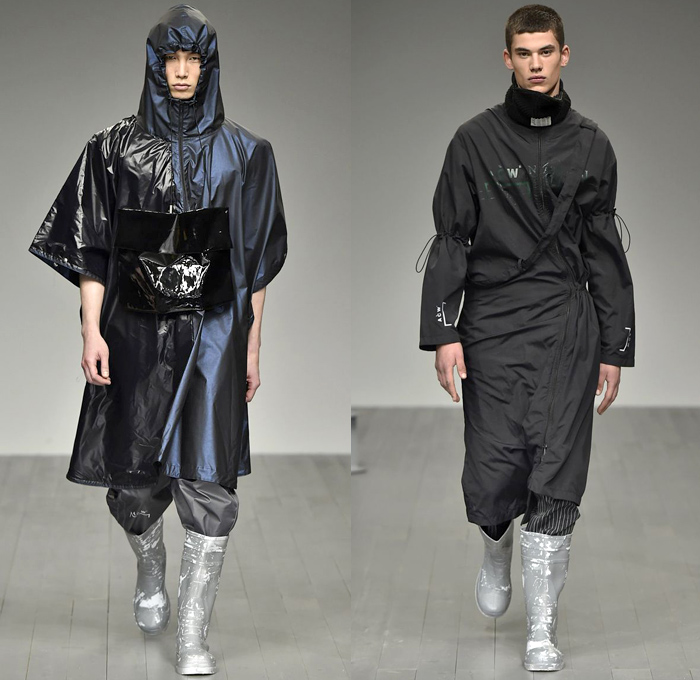 A-COLD-WALL* 2018-2019 Fall Autumn Winter Mens Runway Catwalk Looks - London Fashion Week Mens Collections UK - Outerwear Coat Parka Anorak Windbreaker Rainwear Quilted Waffle Puffer Down Jacket Long Vest Sweatshirt Sweater Turtleneck Field Utility Jacket Drawstring Cinch Cargo Utility Pockets Detachable Hood Snap Buttons Tearaway Pants Metallic Foil Cinch Shorts Fanny Pack Waist Pouch Belt Bag Harness Straps Belts Buckles Galoshes Flood Mud Boots Hat Neck Flap Baseball Cap Crossbody Bag