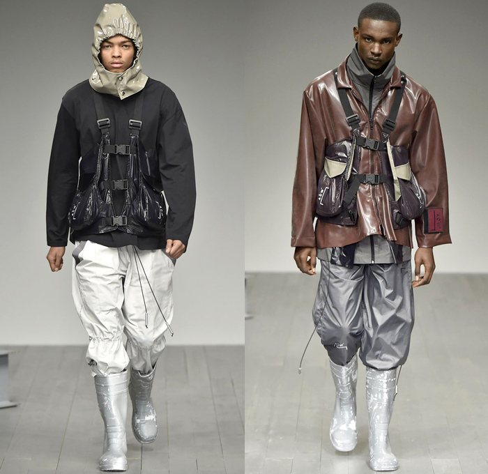 A-COLD-WALL* 2018-2019 Fall Autumn Winter Mens Runway Catwalk Looks - London Fashion Week Mens Collections UK - Outerwear Coat Parka Anorak Windbreaker Rainwear Quilted Waffle Puffer Down Jacket Long Vest Sweatshirt Sweater Turtleneck Field Utility Jacket Drawstring Cinch Cargo Utility Pockets Detachable Hood Snap Buttons Tearaway Pants Metallic Foil Cinch Shorts Fanny Pack Waist Pouch Belt Bag Harness Straps Belts Buckles Galoshes Flood Mud Boots Hat Neck Flap Baseball Cap Crossbody Bag