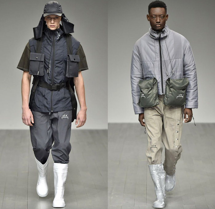 A-COLD-WALL* 2018-2019 Fall Autumn Winter Mens Runway Catwalk Looks - London Fashion Week Mens Collections UK - Outerwear Coat Parka Anorak Windbreaker Rainwear Quilted Waffle Puffer Down Jacket Long Vest Sweatshirt Sweater Turtleneck Field Utility Jacket Drawstring Cinch Cargo Utility Pockets Detachable Hood Snap Buttons Tearaway Pants Metallic Foil Cinch Shorts Fanny Pack Waist Pouch Belt Bag Harness Straps Belts Buckles Galoshes Flood Mud Boots Hat Neck Flap Baseball Cap Crossbody Bag