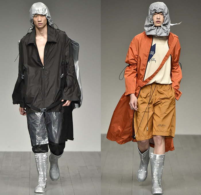 A-COLD-WALL* 2018-2019 Fall Autumn Winter Mens Runway Catwalk Looks - London Fashion Week Mens Collections UK - Outerwear Coat Parka Anorak Windbreaker Rainwear Quilted Waffle Puffer Down Jacket Long Vest Sweatshirt Sweater Turtleneck Field Utility Jacket Drawstring Cinch Cargo Utility Pockets Detachable Hood Snap Buttons Tearaway Pants Metallic Foil Cinch Shorts Fanny Pack Waist Pouch Belt Bag Harness Straps Belts Buckles Galoshes Flood Mud Boots Hat Neck Flap Baseball Cap Crossbody Bag