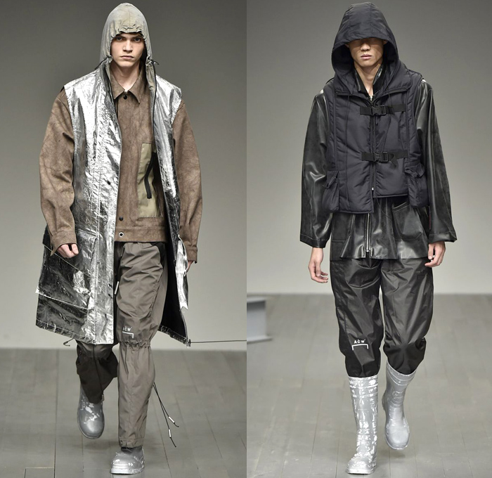 A-COLD-WALL* 2018-2019 Fall Autumn Winter Mens Runway Catwalk Looks - London Fashion Week Mens Collections UK - Outerwear Coat Parka Anorak Windbreaker Rainwear Quilted Waffle Puffer Down Jacket Long Vest Sweatshirt Sweater Turtleneck Field Utility Jacket Drawstring Cinch Cargo Utility Pockets Detachable Hood Snap Buttons Tearaway Pants Metallic Foil Cinch Shorts Fanny Pack Waist Pouch Belt Bag Harness Straps Belts Buckles Galoshes Flood Mud Boots Hat Neck Flap Baseball Cap Crossbody Bag