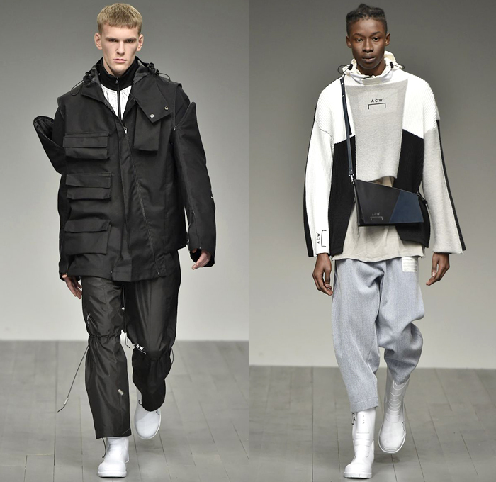 A-COLD-WALL* 2018-2019 Fall Autumn Winter Mens Runway Catwalk Looks - London Fashion Week Mens Collections UK - Outerwear Coat Parka Anorak Windbreaker Rainwear Quilted Waffle Puffer Down Jacket Long Vest Sweatshirt Sweater Turtleneck Field Utility Jacket Drawstring Cinch Cargo Utility Pockets Detachable Hood Snap Buttons Tearaway Pants Metallic Foil Cinch Shorts Fanny Pack Waist Pouch Belt Bag Harness Straps Belts Buckles Galoshes Flood Mud Boots Hat Neck Flap Baseball Cap Crossbody Bag