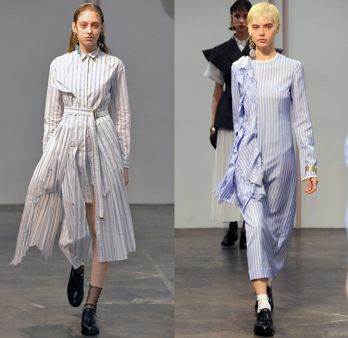 AKIKOAOKI 2018-2019 Fall Winter Womens Runway Catwalk Looks - Amazon Fashion Week Tokyo Japan AmazonFWT - Missing Shirtdress Shirting Tailored Pinstripe Ruffles Cutout Shoulders Pinafore Apron Dress Accordion Pleats Straps Belts Bralette Long Sleeve Blouse Shirt Sleeveless Waistcoat Vestdress Coat Sheer Chiffon Leg O'Mutton Sleeves Herringbone Check Spray Paint Pantsuit Mullet High-Low Hem Oxfords Dress Tights Stockings Necktie