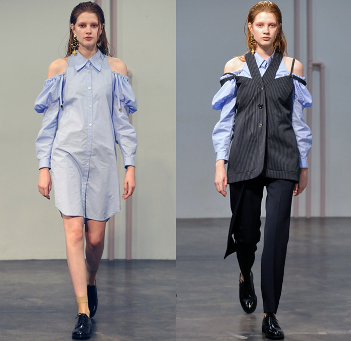 AKIKOAOKI 2018-2019 Fall Winter Womens Runway Catwalk Looks - Amazon Fashion Week Tokyo Japan AmazonFWT - Missing Shirtdress Shirting Tailored Pinstripe Ruffles Cutout Shoulders Pinafore Apron Dress Accordion Pleats Straps Belts Bralette Long Sleeve Blouse Shirt Sleeveless Waistcoat Vestdress Coat Sheer Chiffon Leg O'Mutton Sleeves Herringbone Check Spray Paint Pantsuit Mullet High-Low Hem Oxfords Dress Tights Stockings Necktie