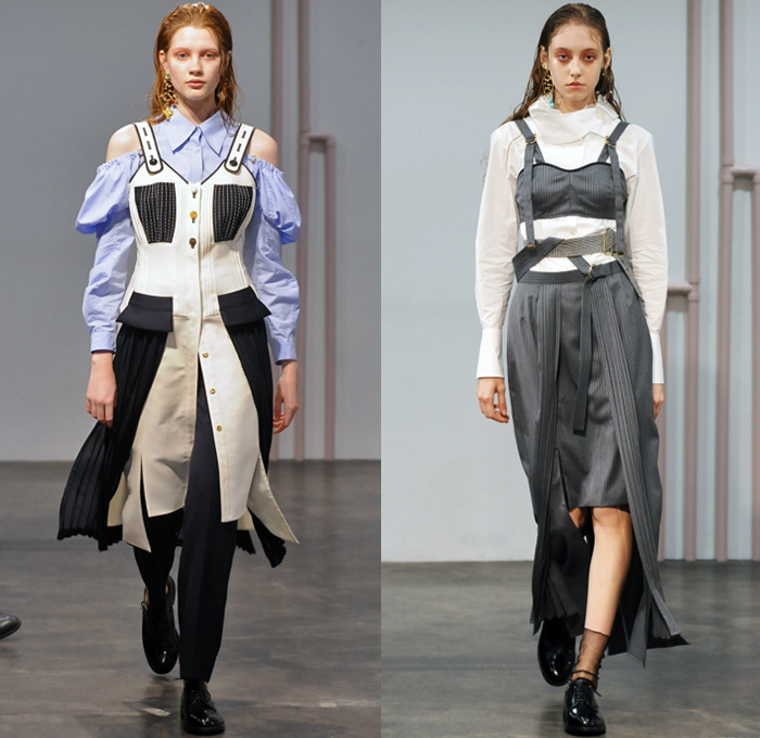 AKIKOAOKI 2018-2019 Fall Winter Womens Runway Catwalk Looks - Amazon Fashion Week Tokyo Japan AmazonFWT - Missing Shirtdress Shirting Tailored Pinstripe Ruffles Cutout Shoulders Pinafore Apron Dress Accordion Pleats Straps Belts Bralette Long Sleeve Blouse Shirt Sleeveless Waistcoat Vestdress Coat Sheer Chiffon Leg O'Mutton Sleeves Herringbone Check Spray Paint Pantsuit Mullet High-Low Hem Oxfords Dress Tights Stockings Necktie