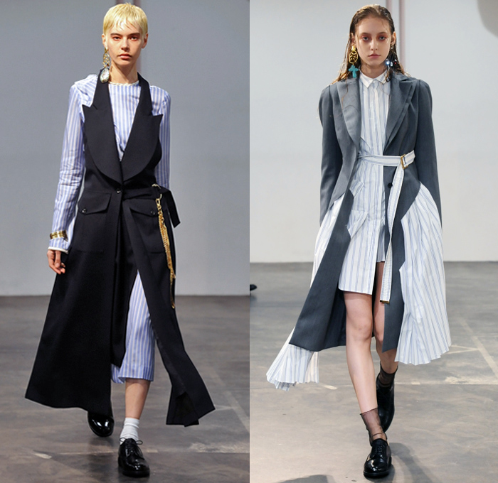 AKIKOAOKI 2018-2019 Fall Winter Womens Runway Catwalk Looks - Amazon Fashion Week Tokyo Japan AmazonFWT - Missing Shirtdress Shirting Tailored Pinstripe Ruffles Cutout Shoulders Pinafore Apron Dress Accordion Pleats Straps Belts Bralette Long Sleeve Blouse Shirt Sleeveless Waistcoat Vestdress Coat Sheer Chiffon Leg O'Mutton Sleeves Herringbone Check Spray Paint Pantsuit Mullet High-Low Hem Oxfords Dress Tights Stockings Necktie