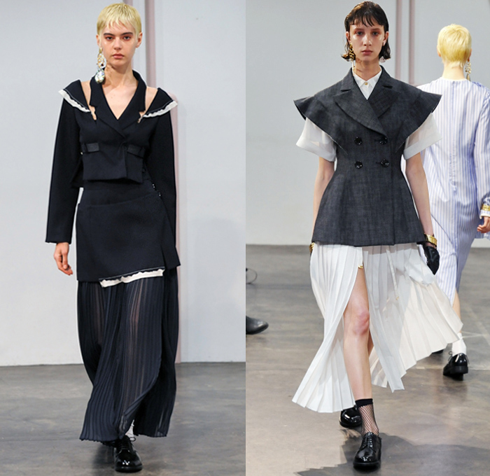 AKIKOAOKI 2018-2019 Fall Winter Womens Runway Catwalk Looks - Amazon Fashion Week Tokyo Japan AmazonFWT - Missing Shirtdress Shirting Tailored Pinstripe Ruffles Cutout Shoulders Pinafore Apron Dress Accordion Pleats Straps Belts Bralette Long Sleeve Blouse Shirt Sleeveless Waistcoat Vestdress Coat Sheer Chiffon Leg O'Mutton Sleeves Herringbone Check Spray Paint Pantsuit Mullet High-Low Hem Oxfords Dress Tights Stockings Necktie