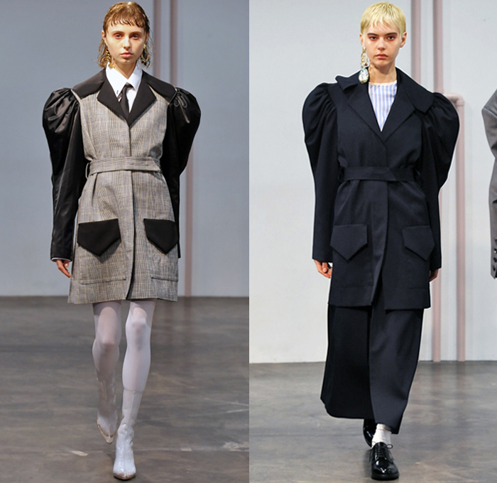 AKIKOAOKI 2018-2019 Fall Winter Womens Runway Catwalk Looks - Amazon Fashion Week Tokyo Japan AmazonFWT - Missing Shirtdress Shirting Tailored Pinstripe Ruffles Cutout Shoulders Pinafore Apron Dress Accordion Pleats Straps Belts Bralette Long Sleeve Blouse Shirt Sleeveless Waistcoat Vestdress Coat Sheer Chiffon Leg O'Mutton Sleeves Herringbone Check Spray Paint Pantsuit Mullet High-Low Hem Oxfords Dress Tights Stockings Necktie