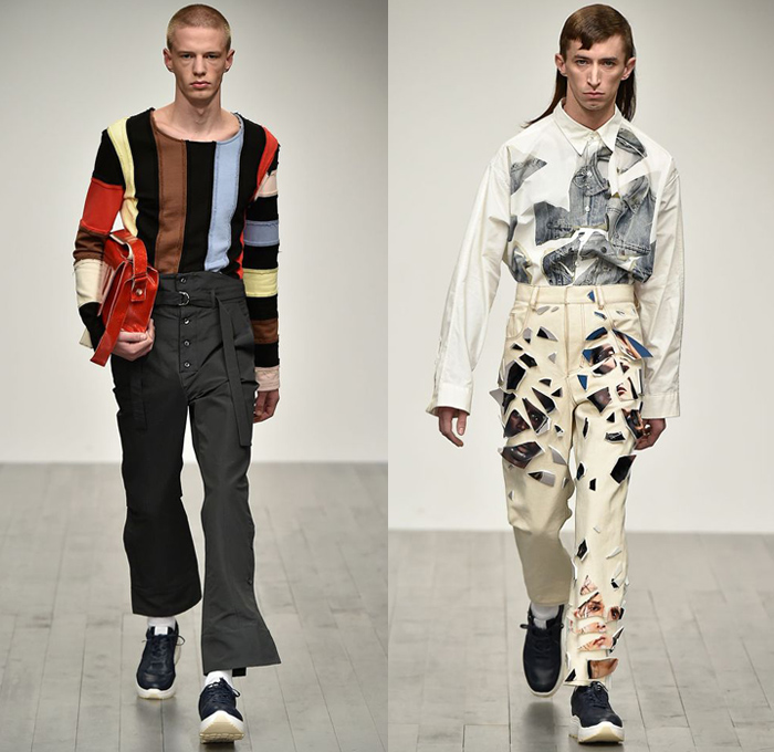 Alex Mullins 2018-2019 Fall Autumn Winter Mens Runway Catwalk Looks - London Fashion Week Mens Collections UK - Outerwear Chef Safari Field Jacket Coat Fold Over Buttons Suit Blazer Pinstripe Long Sleeve Shirt Stripes Shaggy Plush Fur Quilted Waffle Puffer Down Tie-Dye Perforated Hole Patches Embroidery Torn Ripped Pieces Manskirt Cropped Pants Trousers Relaxed Slouchy Pleats Jeans Contrast Stitching Denim Print Trainers Socks Gloves Ski Mask Messenger Bag