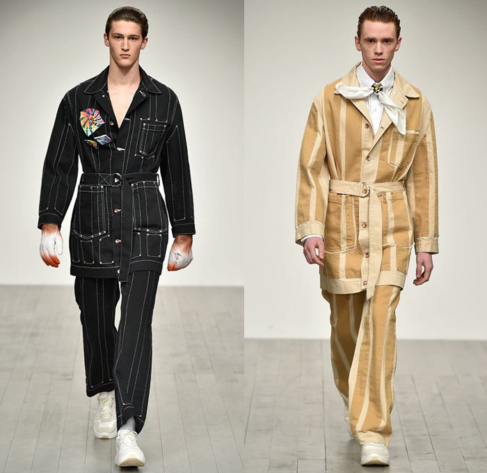 Alex Mullins 2018-2019 Fall Autumn Winter Mens Runway Catwalk Looks - London Fashion Week Mens Collections UK - Outerwear Chef Safari Field Jacket Coat Fold Over Buttons Suit Blazer Pinstripe Long Sleeve Shirt Stripes Shaggy Plush Fur Quilted Waffle Puffer Down Tie-Dye Perforated Hole Patches Embroidery Torn Ripped Pieces Manskirt Cropped Pants Trousers Relaxed Slouchy Pleats Jeans Contrast Stitching Denim Print Trainers Socks Gloves Ski Mask Messenger Bag