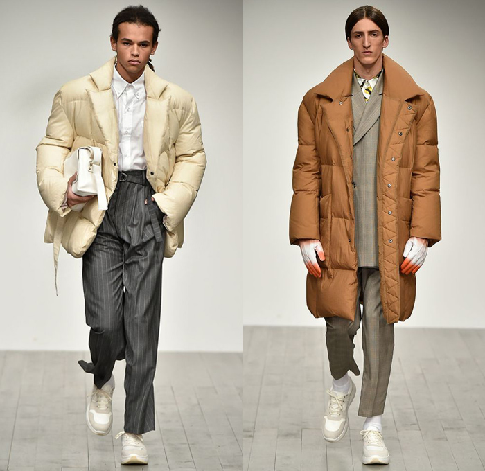 Alex Mullins 2018-2019 Fall Autumn Winter Mens Runway Catwalk Looks - London Fashion Week Mens Collections UK - Outerwear Chef Safari Field Jacket Coat Fold Over Buttons Suit Blazer Pinstripe Long Sleeve Shirt Stripes Shaggy Plush Fur Quilted Waffle Puffer Down Tie-Dye Perforated Hole Patches Embroidery Torn Ripped Pieces Manskirt Cropped Pants Trousers Relaxed Slouchy Pleats Jeans Contrast Stitching Denim Print Trainers Socks Gloves Ski Mask Messenger Bag