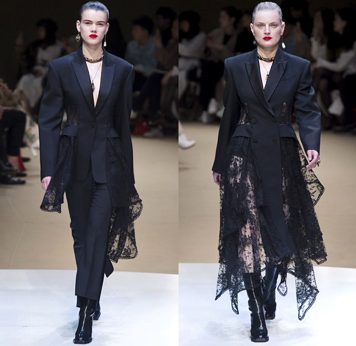 Alexander McQueen 2018-2019 Fall Autumn Winter Womens Runway Catwalk Looks - Mode à Paris Fashion Week France - Butterfly Wings Moth Bugs Insects Beetles Parka Trench Coat Poncho Fur Quilted Pantsuit Mullet Hem Knit Tweed One Shoulder Noodle Strap Crop Top Corset Bustier Bodice Poufy Maxi Dress Gown Eveningwear Flare Pants Skirt Fringes Wool Sheer Chiffon Tulle Deconstructed Hybrid Combo Lace Straps Belts Leather Embroidery Bedazzled Ruffles Satin Silk Abstract Handbag Clutch Trainers Boots