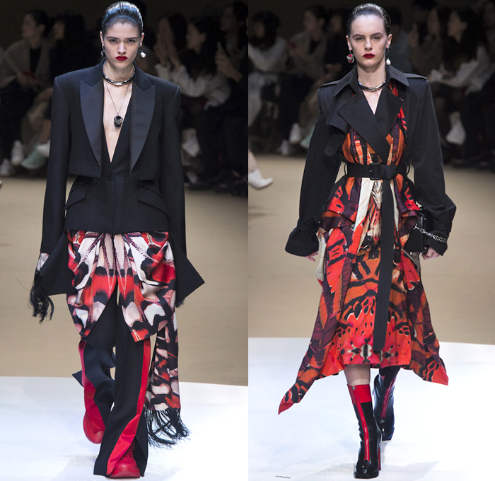 Alexander McQueen 2018-2019 Fall Autumn Winter Womens Runway Catwalk Looks - Mode à Paris Fashion Week France - Butterfly Wings Moth Bugs Insects Beetles Parka Trench Coat Poncho Fur Quilted Pantsuit Mullet Hem Knit Tweed One Shoulder Noodle Strap Crop Top Corset Bustier Bodice Poufy Maxi Dress Gown Eveningwear Flare Pants Skirt Fringes Wool Sheer Chiffon Tulle Deconstructed Hybrid Combo Lace Straps Belts Leather Embroidery Bedazzled Ruffles Satin Silk Abstract Handbag Clutch Trainers Boots