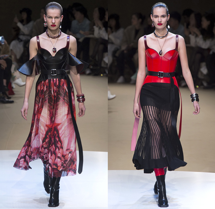 Alexander McQueen 2018-2019 Fall Autumn Winter Womens Runway Catwalk Looks - Mode à Paris Fashion Week France - Butterfly Wings Moth Bugs Insects Beetles Parka Trench Coat Poncho Fur Quilted Pantsuit Mullet Hem Knit Tweed One Shoulder Noodle Strap Crop Top Corset Bustier Bodice Poufy Maxi Dress Gown Eveningwear Flare Pants Skirt Fringes Wool Sheer Chiffon Tulle Deconstructed Hybrid Combo Lace Straps Belts Leather Embroidery Bedazzled Ruffles Satin Silk Abstract Handbag Clutch Trainers Boots