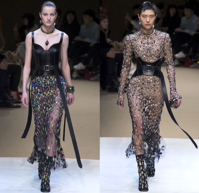 Alexander McQueen 2018-2019 Fall Autumn Winter Womens Runway Catwalk Looks - Mode à Paris Fashion Week France - Butterfly Wings Moth Bugs Insects Beetles Parka Trench Coat Poncho Fur Quilted Pantsuit Mullet Hem Knit Tweed One Shoulder Noodle Strap Crop Top Corset Bustier Bodice Poufy Maxi Dress Gown Eveningwear Flare Pants Skirt Fringes Wool Sheer Chiffon Tulle Deconstructed Hybrid Combo Lace Straps Belts Leather Embroidery Bedazzled Ruffles Satin Silk Abstract Handbag Clutch Trainers Boots