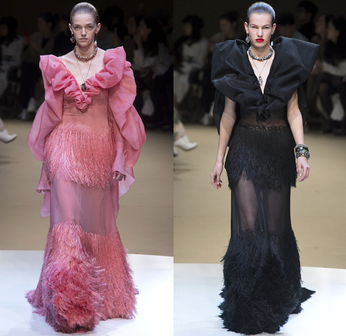 Alexander McQueen 2018-2019 Fall Autumn Winter Womens Runway Catwalk Looks - Mode à Paris Fashion Week France - Butterfly Wings Moth Bugs Insects Beetles Parka Trench Coat Poncho Fur Quilted Pantsuit Mullet Hem Knit Tweed One Shoulder Noodle Strap Crop Top Corset Bustier Bodice Poufy Maxi Dress Gown Eveningwear Flare Pants Skirt Fringes Wool Sheer Chiffon Tulle Deconstructed Hybrid Combo Lace Straps Belts Leather Embroidery Bedazzled Ruffles Satin Silk Abstract Handbag Clutch Trainers Boots