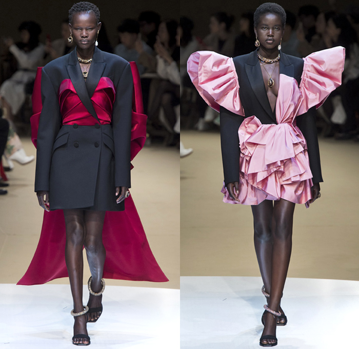 Alexander McQueen 2018-2019 Fall Autumn Winter Womens Runway Catwalk Looks - Mode à Paris Fashion Week France - Butterfly Wings Moth Bugs Insects Beetles Parka Trench Coat Poncho Fur Quilted Pantsuit Mullet Hem Knit Tweed One Shoulder Noodle Strap Crop Top Corset Bustier Bodice Poufy Maxi Dress Gown Eveningwear Flare Pants Skirt Fringes Wool Sheer Chiffon Tulle Deconstructed Hybrid Combo Lace Straps Belts Leather Embroidery Bedazzled Ruffles Satin Silk Abstract Handbag Clutch Trainers Boots