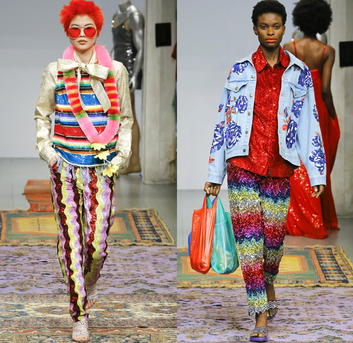 Ashish Gupta 2018-2019 Fall Autumn Winter Womens Runway Catwalk Looks - London Fashion Week Collections UK - Naturist Satin Embroidery Decorated Appliqués Bedazzled Crystals Sequins Sparkles Beads Fringes Tassels Rainbow Zebra Stripes Technicolor Waves Disco Ruffles Geometric Velvet Hearts Flowers Floral Sheer Pussycat Bow Onesie Jumpsuit Coveralls Blouse Noodle Strap Bell Sleeves Denim Jeans Trucker Jacket Wide Leg Palazzo Pants Dress Shorts Sunglasses Slippers Flats Mules Tote Bag Purse