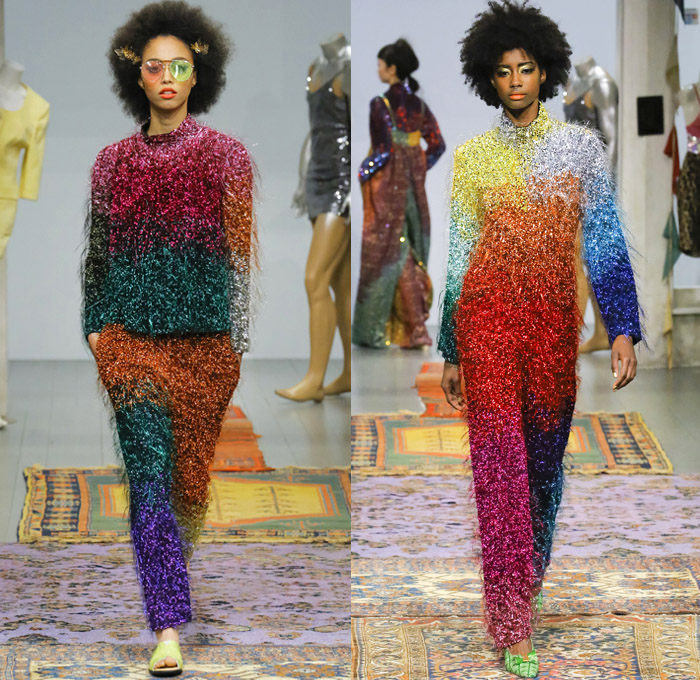 Ashish Gupta 2018-2019 Fall Autumn Winter Womens Runway Catwalk Looks - London Fashion Week Collections UK - Naturist Satin Embroidery Decorated Appliqués Bedazzled Crystals Sequins Sparkles Beads Fringes Tassels Rainbow Zebra Stripes Technicolor Waves Disco Ruffles Geometric Velvet Hearts Flowers Floral Sheer Pussycat Bow Onesie Jumpsuit Coveralls Blouse Noodle Strap Bell Sleeves Denim Jeans Trucker Jacket Wide Leg Palazzo Pants Dress Shorts Sunglasses Slippers Flats Mules Tote Bag Purse