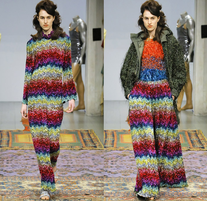 Ashish Gupta 2018-2019 Fall Autumn Winter Womens Runway Catwalk Looks - London Fashion Week Collections UK - Naturist Satin Embroidery Decorated Appliqués Bedazzled Crystals Sequins Sparkles Beads Fringes Tassels Rainbow Zebra Stripes Technicolor Waves Disco Ruffles Geometric Velvet Hearts Flowers Floral Sheer Pussycat Bow Onesie Jumpsuit Coveralls Blouse Noodle Strap Bell Sleeves Denim Jeans Trucker Jacket Wide Leg Palazzo Pants Dress Shorts Sunglasses Slippers Flats Mules Tote Bag Purse