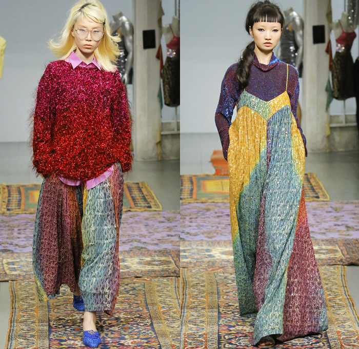 Ashish Gupta 2018-2019 Fall Autumn Winter Womens Runway Catwalk Looks - London Fashion Week Collections UK - Naturist Satin Embroidery Decorated Appliqués Bedazzled Crystals Sequins Sparkles Beads Fringes Tassels Rainbow Zebra Stripes Technicolor Waves Disco Ruffles Geometric Velvet Hearts Flowers Floral Sheer Pussycat Bow Onesie Jumpsuit Coveralls Blouse Noodle Strap Bell Sleeves Denim Jeans Trucker Jacket Wide Leg Palazzo Pants Dress Shorts Sunglasses Slippers Flats Mules Tote Bag Purse