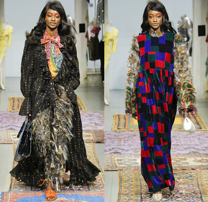 Ashish Gupta 2018-2019 Fall Autumn Winter Womens Runway Catwalk Looks - London Fashion Week Collections UK - Naturist Satin Embroidery Decorated Appliqués Bedazzled Crystals Sequins Sparkles Beads Fringes Tassels Rainbow Zebra Stripes Technicolor Waves Disco Ruffles Geometric Velvet Hearts Flowers Floral Sheer Pussycat Bow Onesie Jumpsuit Coveralls Blouse Noodle Strap Bell Sleeves Denim Jeans Trucker Jacket Wide Leg Palazzo Pants Dress Shorts Sunglasses Slippers Flats Mules Tote Bag Purse