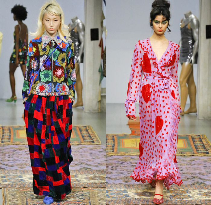 Ashish Gupta 2018-2019 Fall Autumn Winter Womens Runway Catwalk Looks - London Fashion Week Collections UK - Naturist Satin Embroidery Decorated Appliqués Bedazzled Crystals Sequins Sparkles Beads Fringes Tassels Rainbow Zebra Stripes Technicolor Waves Disco Ruffles Geometric Velvet Hearts Flowers Floral Sheer Pussycat Bow Onesie Jumpsuit Coveralls Blouse Noodle Strap Bell Sleeves Denim Jeans Trucker Jacket Wide Leg Palazzo Pants Dress Shorts Sunglasses Slippers Flats Mules Tote Bag Purse