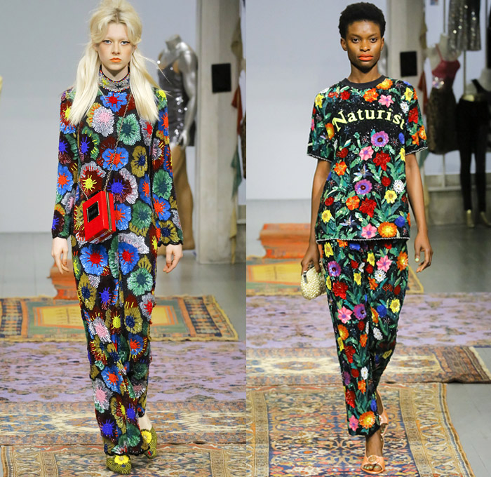 Ashish Gupta 2018-2019 Fall Autumn Winter Womens Runway Catwalk Looks - London Fashion Week Collections UK - Naturist Satin Embroidery Decorated Appliqués Bedazzled Crystals Sequins Sparkles Beads Fringes Tassels Rainbow Zebra Stripes Technicolor Waves Disco Ruffles Geometric Velvet Hearts Flowers Floral Sheer Pussycat Bow Onesie Jumpsuit Coveralls Blouse Noodle Strap Bell Sleeves Denim Jeans Trucker Jacket Wide Leg Palazzo Pants Dress Shorts Sunglasses Slippers Flats Mules Tote Bag Purse