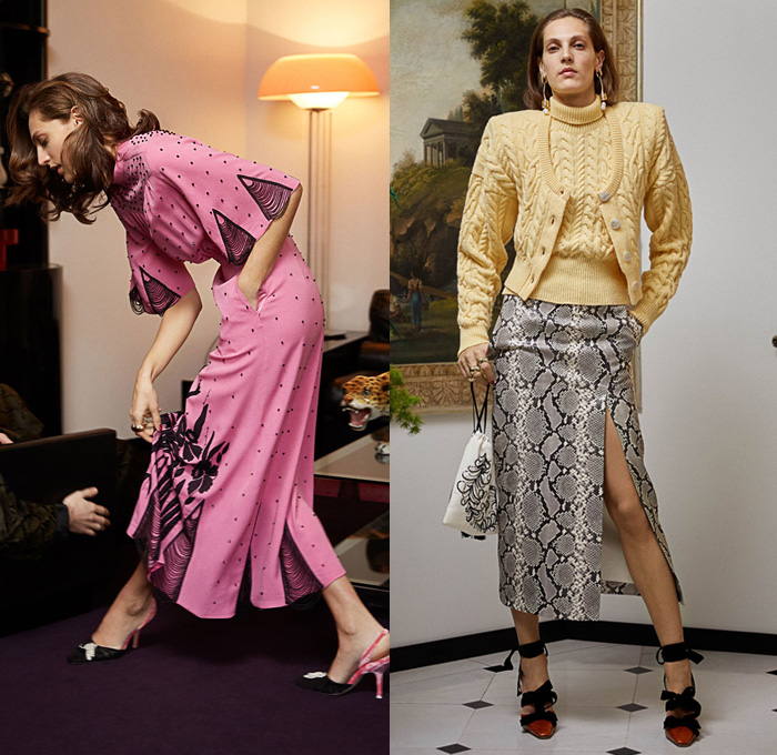 Attico 2018-2019 Fall Autumn Winter Womens Lookbook Presentation - Milano Moda Donna Collezione Milan Fashion Week Italy - Bellisima Embroidery Bedazzled Sequins Plaid Tartan Flowers Floral Velvet Clam Shell Pearls Fringes Snakeskin Metallic Gold Foil Trench Coat Robe Strapless Wrap Dress Tie Up Waist Mullet High-Low Hem Knit Sweater Cardigan Turtleneck Leg O'Mutton Sleeves Thigh High Leather Cowboy Lace Ribbon Boots Strapped Heels Feathers Wide Belt Handbag Sack Pouch