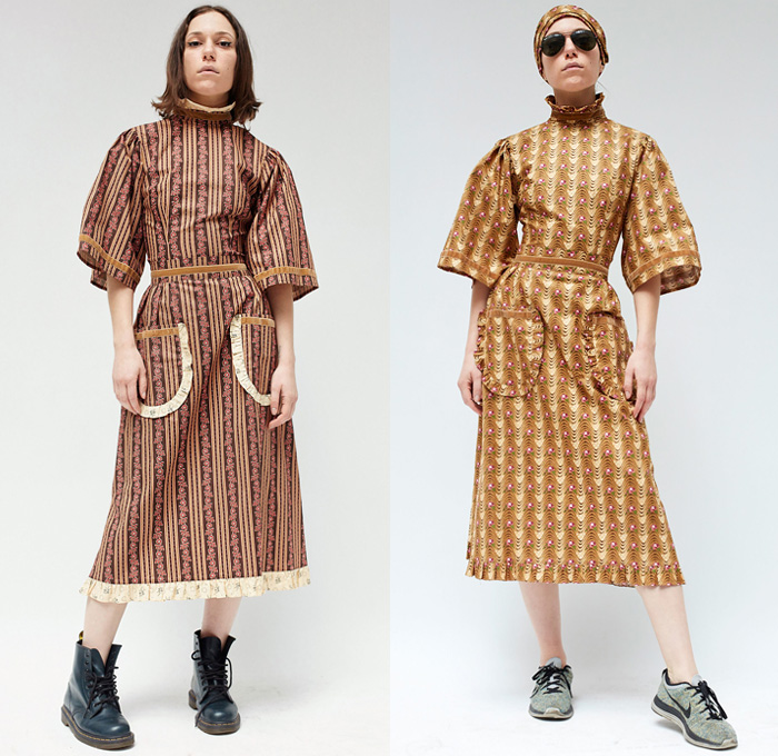 Batsheva 2018-2019 Fall Autumn Winter Womens Lookbook Presentation - New York Fashion Week NYFW - Victorian Peasant Prairie Countryside Dress Ruffles Flowers Floral Skirt Cargo Pockets Blouse Tunic Mockneck Stripes Wide Bell Sleeves Waves Lines Peter Pan Collar Zigzag Tie Up Waist Sailor Collar Poufy Shoulders Sunglasses Head Scarf Trainers Sneakers Doc Martens Boots Mules Kitten Heels Pouch Sack Handbag