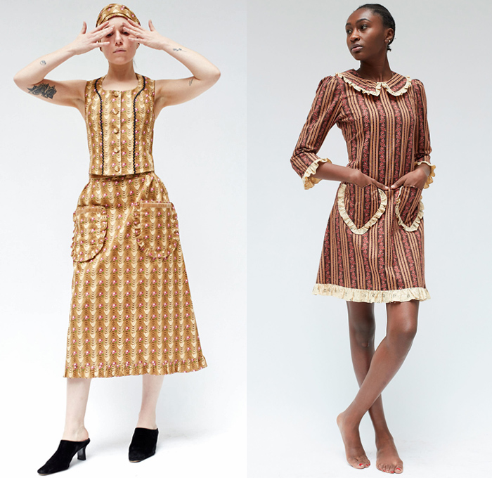 Batsheva 2018-2019 Fall Autumn Winter Womens Lookbook Presentation - New York Fashion Week NYFW - Victorian Peasant Prairie Countryside Dress Ruffles Flowers Floral Skirt Cargo Pockets Blouse Tunic Mockneck Stripes Wide Bell Sleeves Waves Lines Peter Pan Collar Zigzag Tie Up Waist Sailor Collar Poufy Shoulders Sunglasses Head Scarf Trainers Sneakers Doc Martens Boots Mules Kitten Heels Pouch Sack Handbag