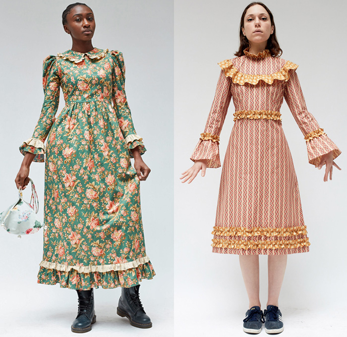 Batsheva 2018-2019 Fall Autumn Winter Womens Lookbook Presentation - New York Fashion Week NYFW - Victorian Peasant Prairie Countryside Dress Ruffles Flowers Floral Skirt Cargo Pockets Blouse Tunic Mockneck Stripes Wide Bell Sleeves Waves Lines Peter Pan Collar Zigzag Tie Up Waist Sailor Collar Poufy Shoulders Sunglasses Head Scarf Trainers Sneakers Doc Martens Boots Mules Kitten Heels Pouch Sack Handbag