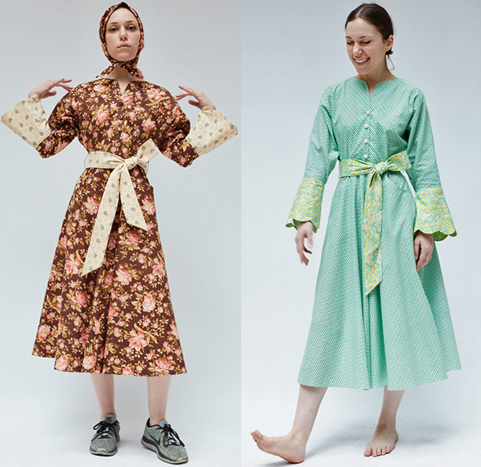 Batsheva 2018-2019 Fall Autumn Winter Womens Lookbook Presentation - New York Fashion Week NYFW - Victorian Peasant Prairie Countryside Dress Ruffles Flowers Floral Skirt Cargo Pockets Blouse Tunic Mockneck Stripes Wide Bell Sleeves Waves Lines Peter Pan Collar Zigzag Tie Up Waist Sailor Collar Poufy Shoulders Sunglasses Head Scarf Trainers Sneakers Doc Martens Boots Mules Kitten Heels Pouch Sack Handbag