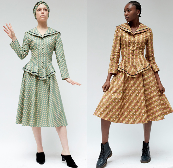 Batsheva 2018-2019 Fall Autumn Winter Womens Lookbook Presentation - New York Fashion Week NYFW - Victorian Peasant Prairie Countryside Dress Ruffles Flowers Floral Skirt Cargo Pockets Blouse Tunic Mockneck Stripes Wide Bell Sleeves Waves Lines Peter Pan Collar Zigzag Tie Up Waist Sailor Collar Poufy Shoulders Sunglasses Head Scarf Trainers Sneakers Doc Martens Boots Mules Kitten Heels Pouch Sack Handbag