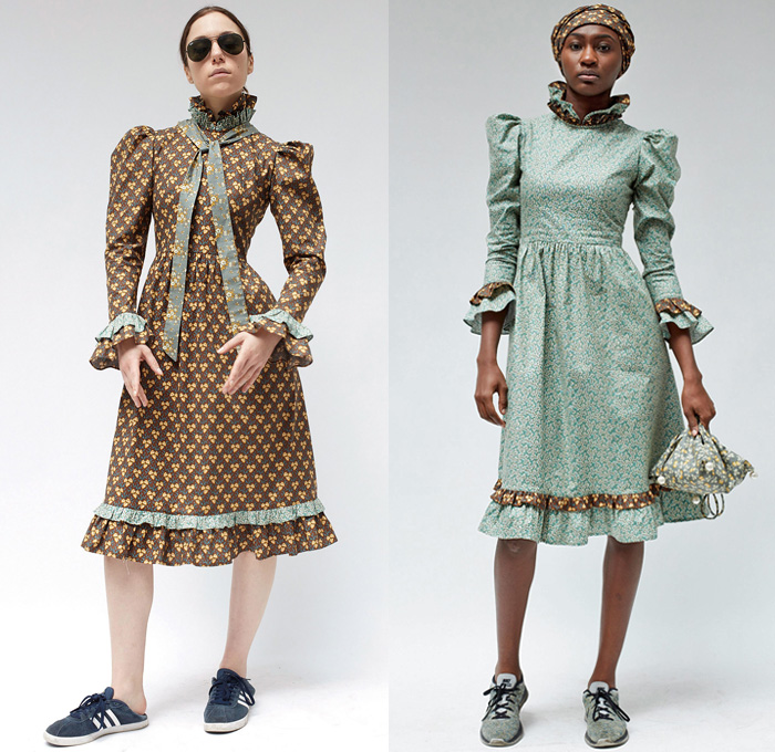 Batsheva 2018-2019 Fall Autumn Winter Womens Lookbook Presentation - New York Fashion Week NYFW - Victorian Peasant Prairie Countryside Dress Ruffles Flowers Floral Skirt Cargo Pockets Blouse Tunic Mockneck Stripes Wide Bell Sleeves Waves Lines Peter Pan Collar Zigzag Tie Up Waist Sailor Collar Poufy Shoulders Sunglasses Head Scarf Trainers Sneakers Doc Martens Boots Mules Kitten Heels Pouch Sack Handbag