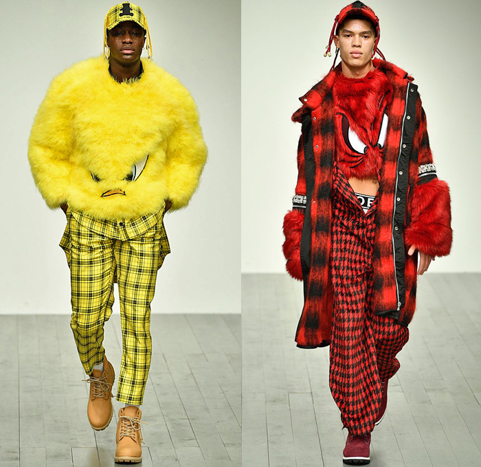 Bobby Abley 2018-2019 Fall Autumn Winter Mens Runway Catwalk Looks - London Fashion Week Mens Collections UK - Looney Tunes Bugs Bunny Tweety Marvin The Martian Gossamer Tasmanian Devil Road Runner Bipbip Daffy Duck Print Graphic Motif Pop Art Cartoons Legal Alien Bear Streetwear Urban Parka Sweater Plush Fur Sweatshirt Oversized Shirtdress Jumpsuit Dungarees Plaid Check Houndstooth Fringes Snap Buttons Tearaway Jogger Sweatpants Shorts Bucket Hat Duffel Bag Sunglasses Headscarf Worker Boots