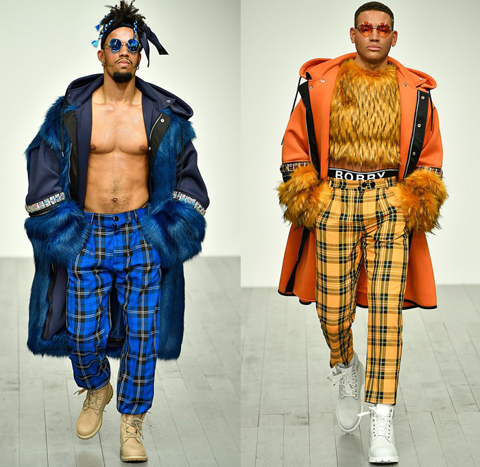 Bobby Abley 2018-2019 Fall Autumn Winter Mens Runway Catwalk Looks - London Fashion Week Mens Collections UK - Looney Tunes Bugs Bunny Tweety Marvin The Martian Gossamer Tasmanian Devil Road Runner Bipbip Daffy Duck Print Graphic Motif Pop Art Cartoons Legal Alien Bear Streetwear Urban Parka Sweater Plush Fur Sweatshirt Oversized Shirtdress Jumpsuit Dungarees Plaid Check Houndstooth Fringes Snap Buttons Tearaway Jogger Sweatpants Shorts Bucket Hat Duffel Bag Sunglasses Headscarf Worker Boots