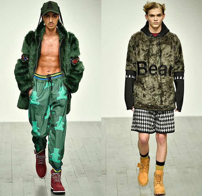 Bobby Abley 2018-2019 Fall Autumn Winter Mens Runway Catwalk Looks - London Fashion Week Mens Collections UK - Looney Tunes Bugs Bunny Tweety Marvin The Martian Gossamer Tasmanian Devil Road Runner Bipbip Daffy Duck Print Graphic Motif Pop Art Cartoons Legal Alien Bear Streetwear Urban Parka Sweater Plush Fur Sweatshirt Oversized Shirtdress Jumpsuit Dungarees Plaid Check Houndstooth Fringes Snap Buttons Tearaway Jogger Sweatpants Shorts Bucket Hat Duffel Bag Sunglasses Headscarf Worker Boots