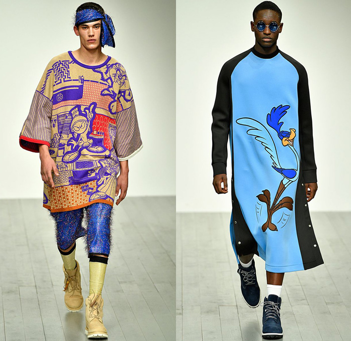 Bobby Abley 2018-2019 Fall Autumn Winter Mens Runway Catwalk Looks - London Fashion Week Mens Collections UK - Looney Tunes Bugs Bunny Tweety Marvin The Martian Gossamer Tasmanian Devil Road Runner Bipbip Daffy Duck Print Graphic Motif Pop Art Cartoons Legal Alien Bear Streetwear Urban Parka Sweater Plush Fur Sweatshirt Oversized Shirtdress Jumpsuit Dungarees Plaid Check Houndstooth Fringes Snap Buttons Tearaway Jogger Sweatpants Shorts Bucket Hat Duffel Bag Sunglasses Headscarf Worker Boots