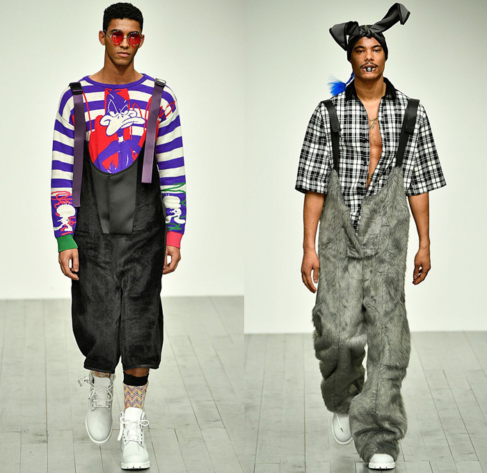 Bobby Abley 2018-2019 Fall Autumn Winter Mens Runway Catwalk Looks - London Fashion Week Mens Collections UK - Looney Tunes Bugs Bunny Tweety Marvin The Martian Gossamer Tasmanian Devil Road Runner Bipbip Daffy Duck Print Graphic Motif Pop Art Cartoons Legal Alien Bear Streetwear Urban Parka Sweater Plush Fur Sweatshirt Oversized Shirtdress Jumpsuit Dungarees Plaid Check Houndstooth Fringes Snap Buttons Tearaway Jogger Sweatpants Shorts Bucket Hat Duffel Bag Sunglasses Headscarf Worker Boots