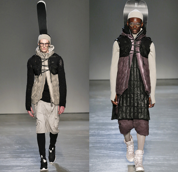 Boris Bidjan Saberi 2018-2019 Fall Autumn Winter Mens Runway Show Catwalk Looks - Mode à Paris Fashion Week France - Apocalyptic Alpine Athletics Sports Snowboard Skis Dystopian Backpacks Arctic Frosty Outerwear Coat Parka Poncho Onesie Quilted Waffle Puffer Down Vest Turtleneck Knit Sweater Crop Top Midriff Plush Fur Utilitarian Leggings Worker Swamp Mud Pants Distressed Rustic Straps Belts Harness Suspenders Waistband Cap Headband Trainers Boots Glasses Goggles Gloves