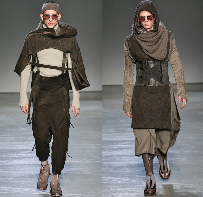 Boris Bidjan Saberi 2018-2019 Fall Autumn Winter Mens Runway Show Catwalk Looks - Mode à Paris Fashion Week France - Apocalyptic Alpine Athletics Sports Snowboard Skis Dystopian Backpacks Arctic Frosty Outerwear Coat Parka Poncho Onesie Quilted Waffle Puffer Down Vest Turtleneck Knit Sweater Crop Top Midriff Plush Fur Utilitarian Leggings Worker Swamp Mud Pants Distressed Rustic Straps Belts Harness Suspenders Waistband Cap Headband Trainers Boots Glasses Goggles Gloves